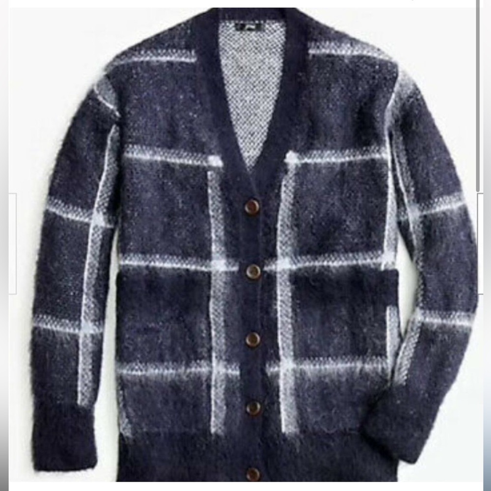 J.Crew Plaid front-pocket cardigan sweater. Color: NAVY LT IVORY Size: SMALL